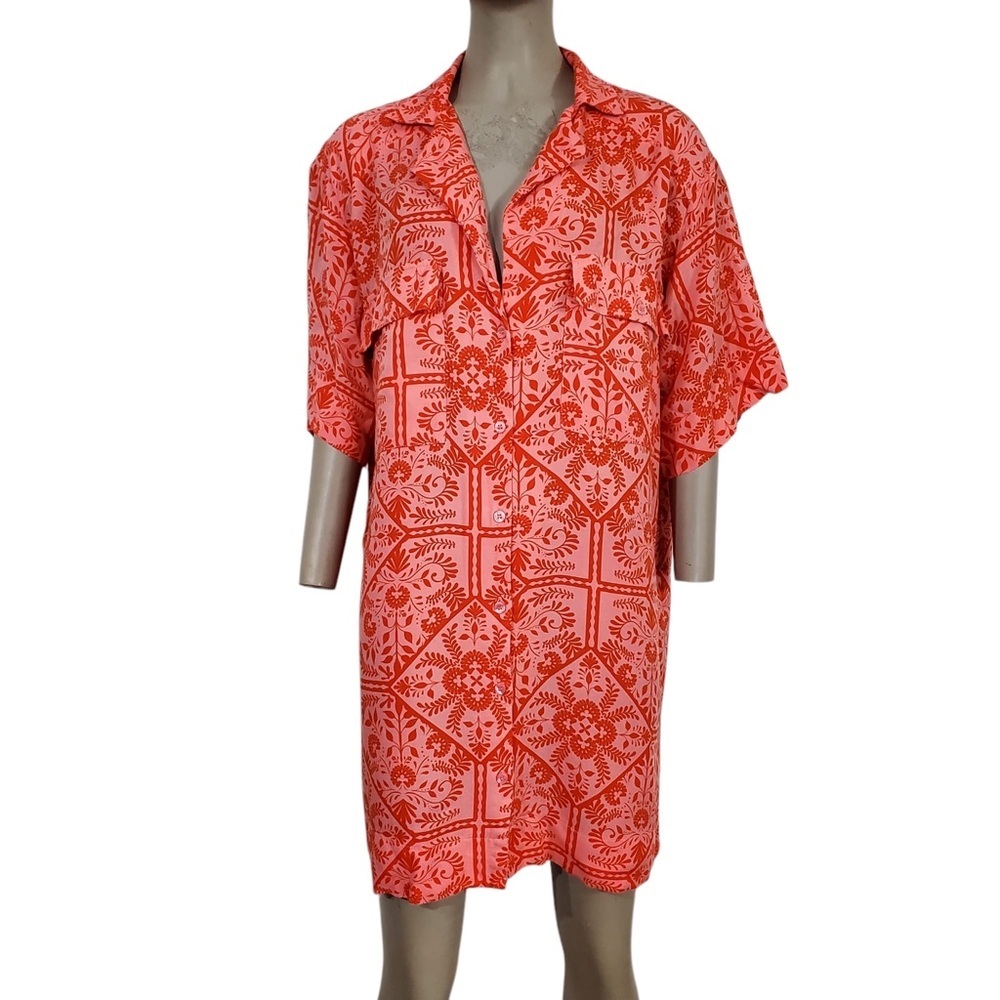 Asos Pink Red Floral Bandana Shirt Dress  Buttoned Oversized Short Sleeve  Sz 8